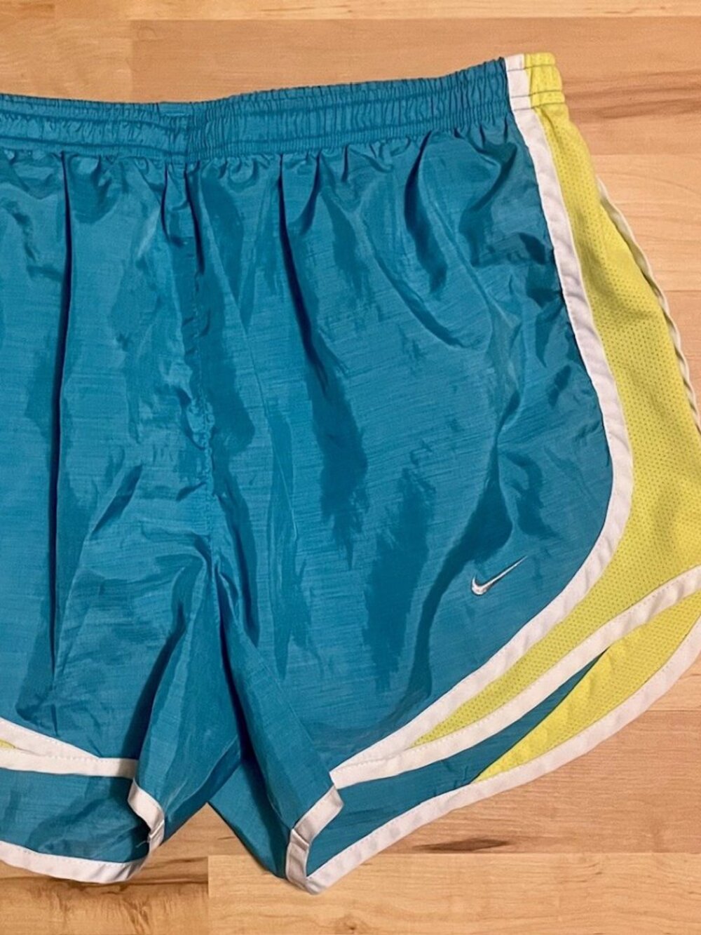 Nike "Dri-Fit" athletic shorts, teal & lime green. Lined/pockets!